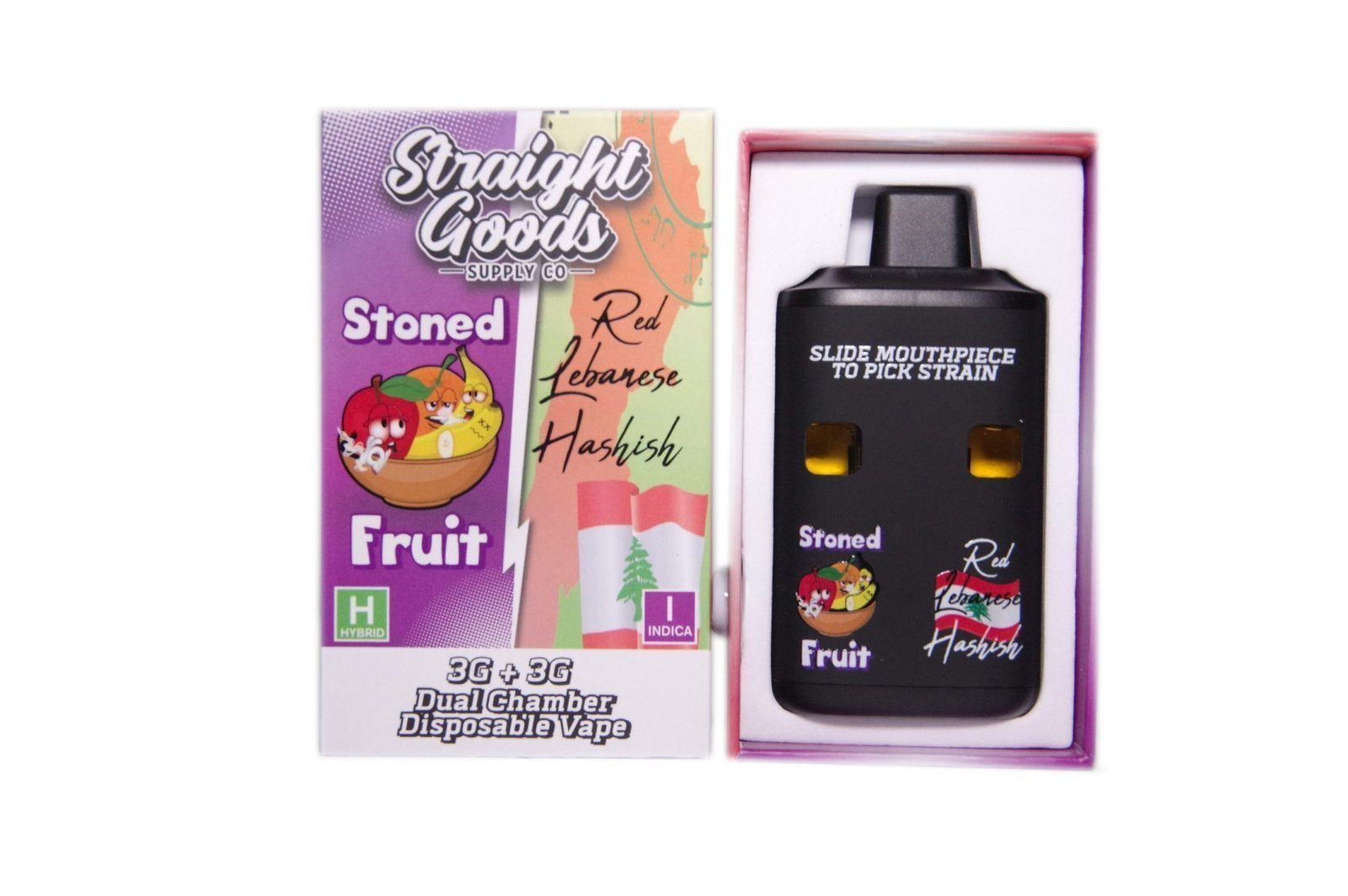 Straight Goods Supply Co. 6 Gram Dual Chamber Disposable Vapes – Stoned Fruit + Red Lebanese Hashish THC Distillate)